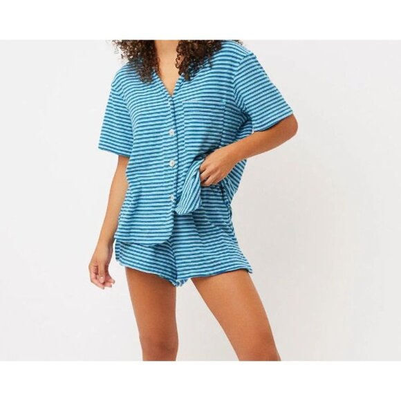 Frankies Bikinis Terry Shirt Mini Skirt Set Blue Button Up Sizes Medium Large - Picture 1 of 16